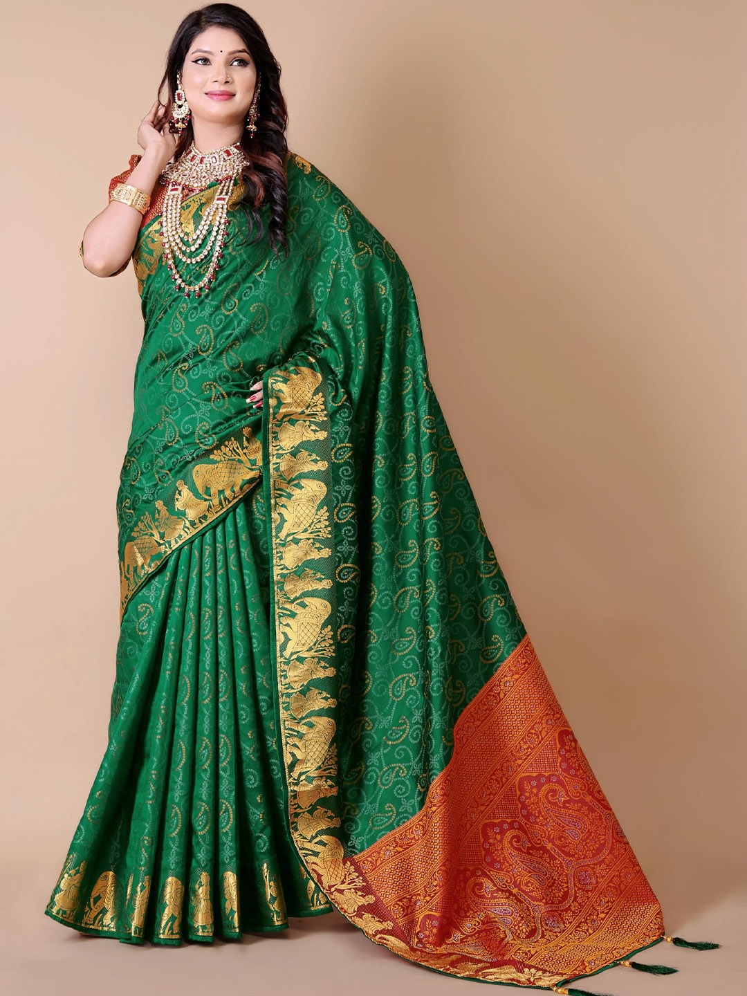 

jayant creation Woven Design Zari Patola Saree, Green