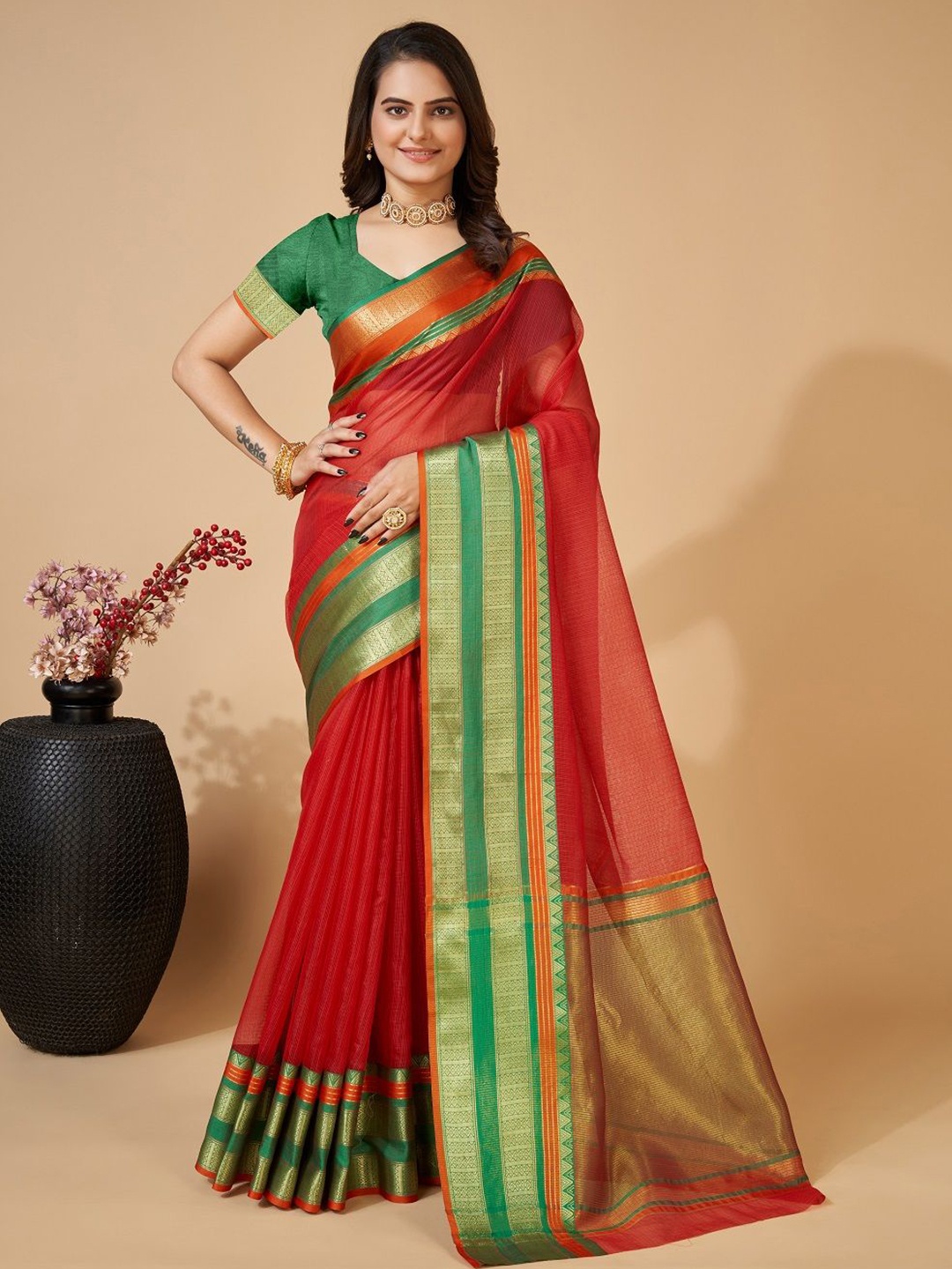 

LEOSAGI Zari Kota Saree, Red