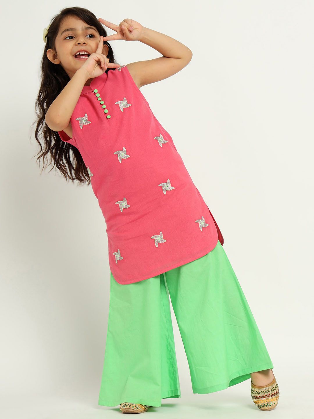 

Somersault Girls Embroidered Thread Work Pure Cotton Kurta with Palazzos, Pink