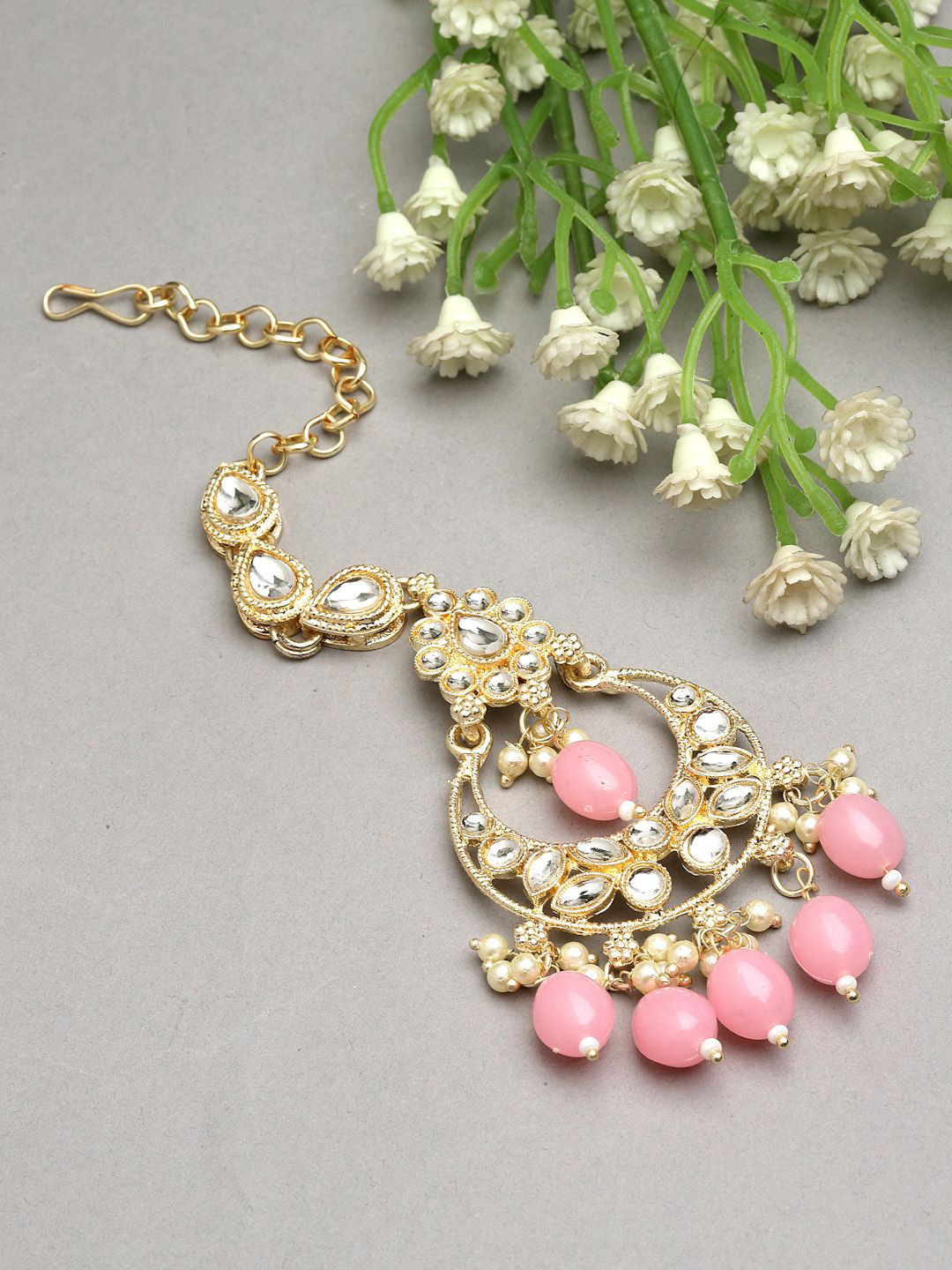 

ZENEME Gold-Plated Stone Studded & Beaded Maang Tikka Head Jewellery