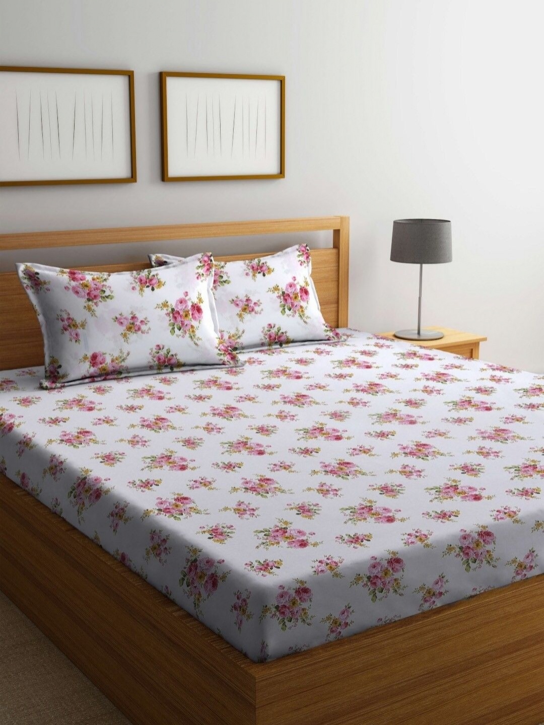 

BOMBAY DYEING 525B Pink & White Floral 164 TC Pure Cotton Queen Bedsheet Set
