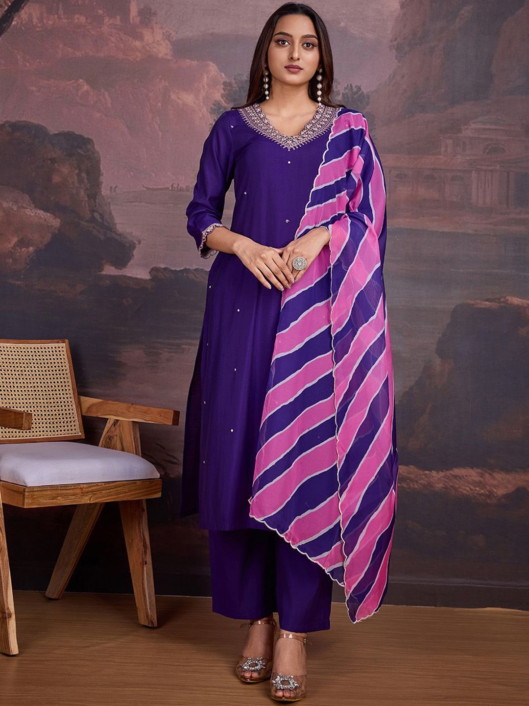 

House of Pataudi Embroidered Kurta With Trousers & Dupatta, Purple