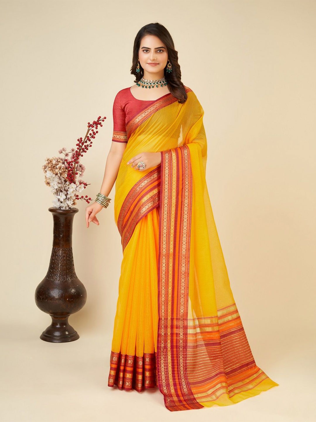 

LEOSAGI Embellished Woven Design Zari Silk Cotton Kota Saree, Yellow