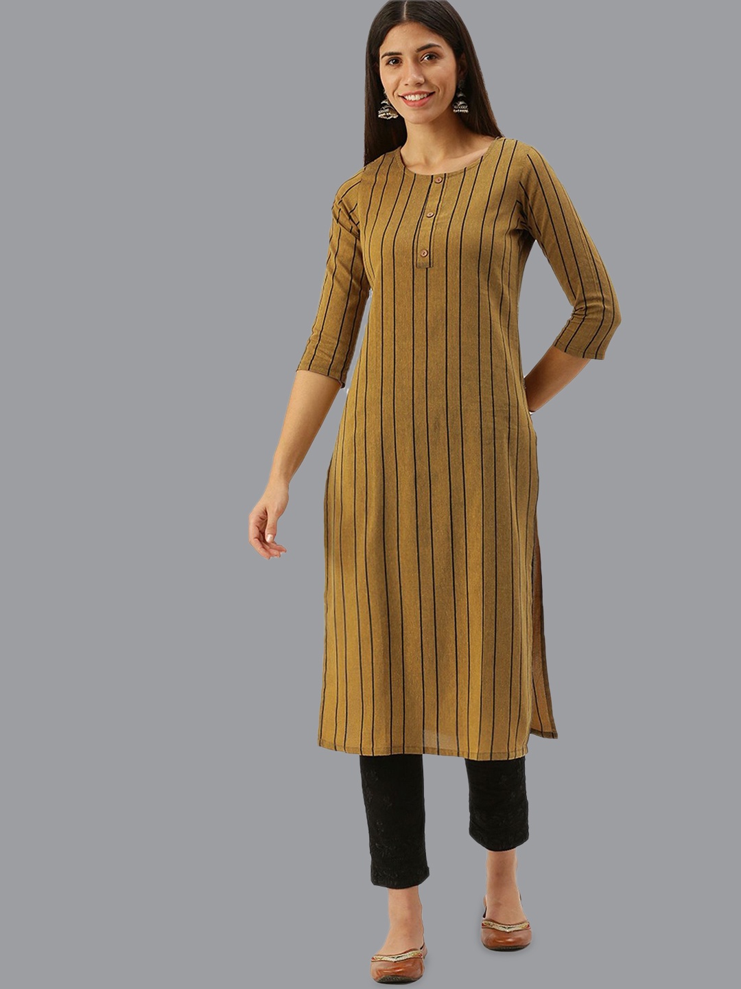 

Shaily Striped Round Neck Cotton Straight Kurta, Mustard