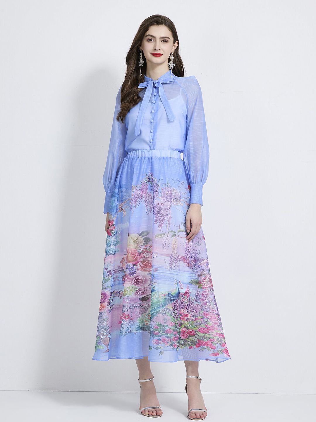 

JC Collection Floral Printed Tie-Up Neck Bishop Sleeves Casual Shirt With Midi Skirt, Blue