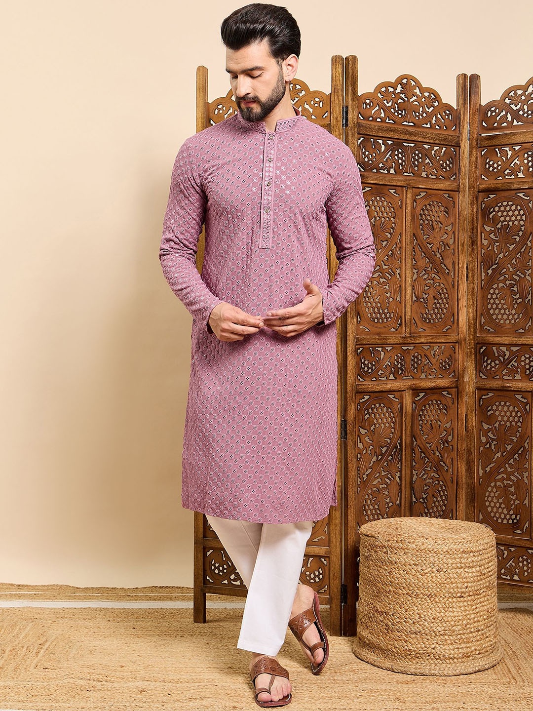 

House of Pataudi Embroidered Straight Kurtas, Peach