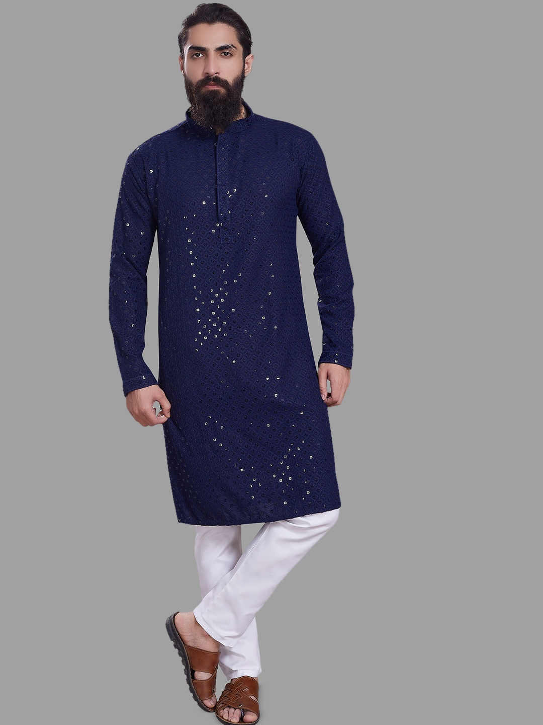 

DIVISIVE Geometric Embroidered Mandarin Collar Sequinned Straight Kurta, Blue