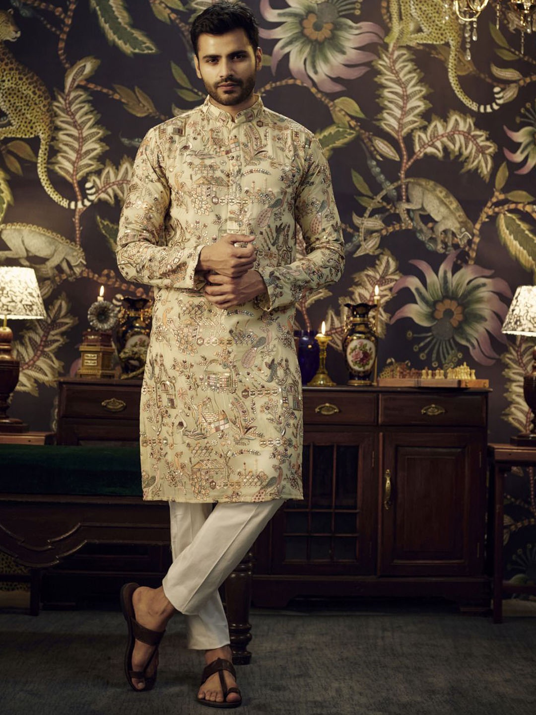 

KASBAH CLOTHING NISHCHAIY SAJDEH Floral Embroidered Mandarin Collar Georgette Kurta, Beige