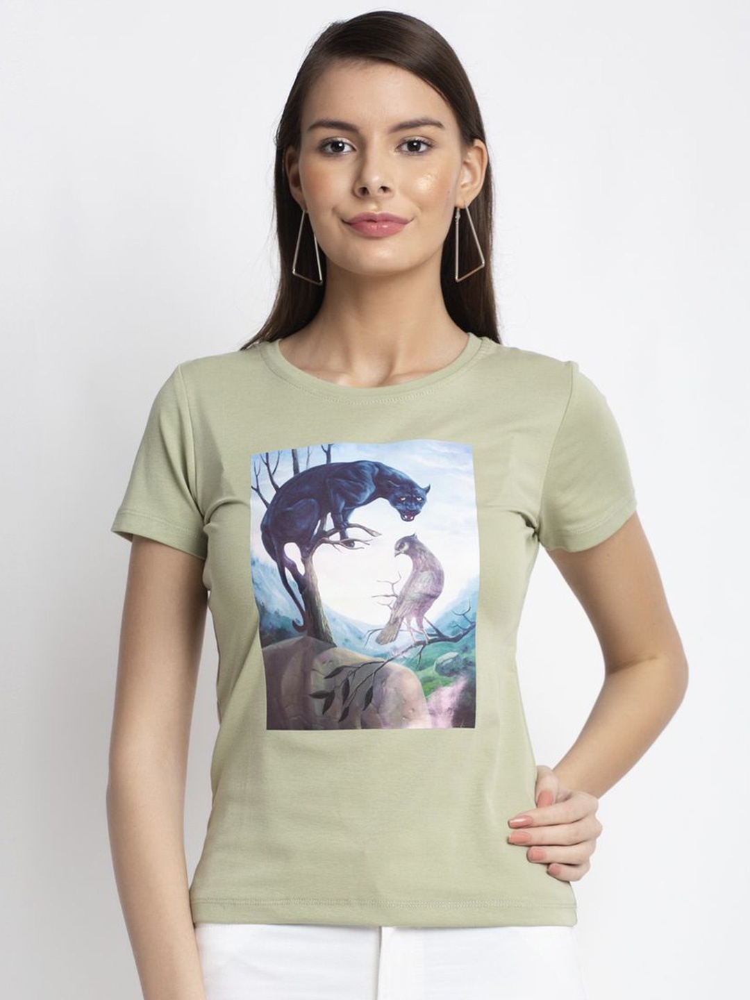 

Global Republic Women Graphic Printed Round Neck Cotton T-Shirt, Green