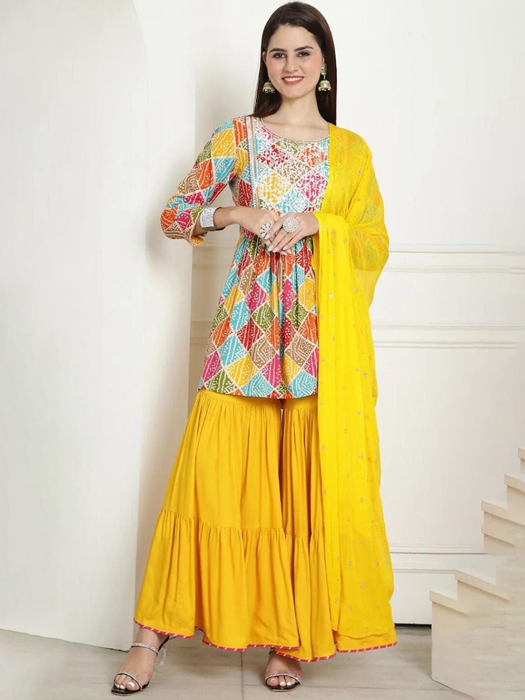 

KALINI Bandhani Printed Sequinned Pleated A-Line Kurta With Dupatta, Mustard