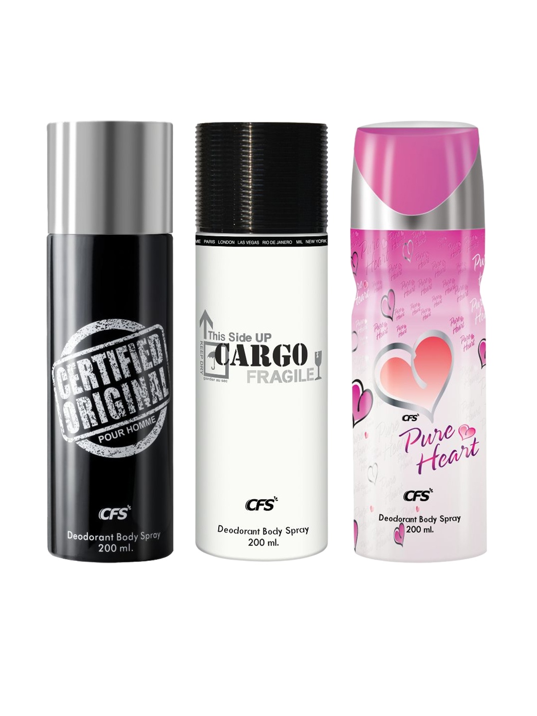 

CFS Set Of 3 Cargo Fragile Pure Heart & Certified Original Deodorant Sprays-200ml Each, White