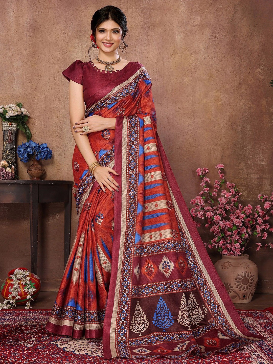 

KALINI Floral Art Silk Mysore Silk Saree, Red