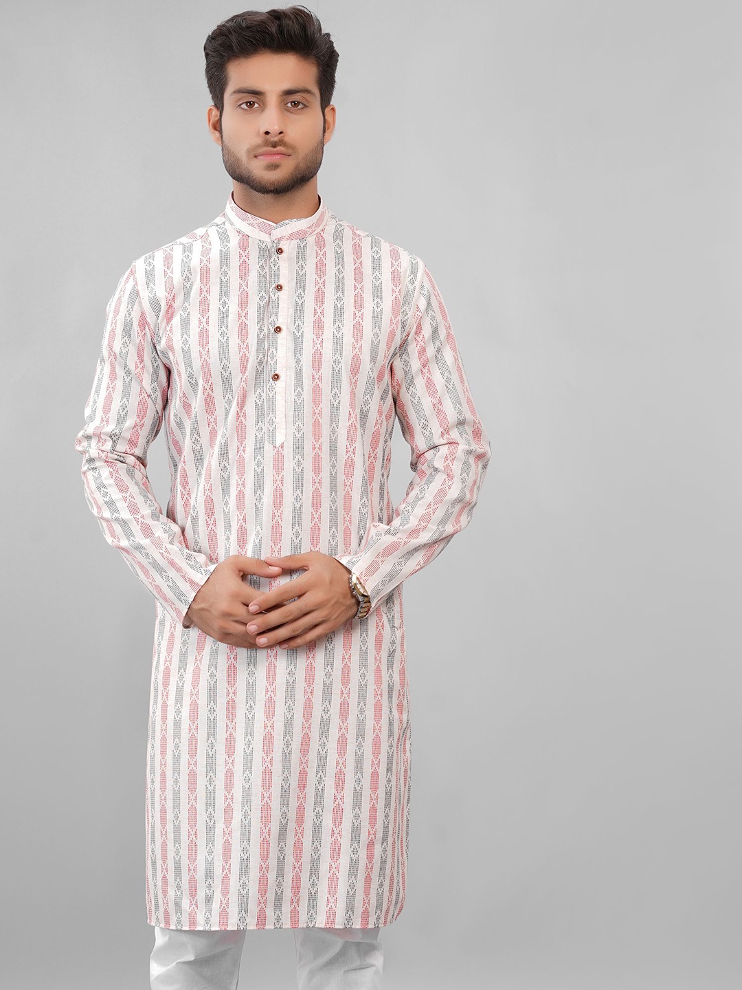 

LA'SCOOT Men Striped Regular Pure Cotton Kurta with Pyjamas, Cream