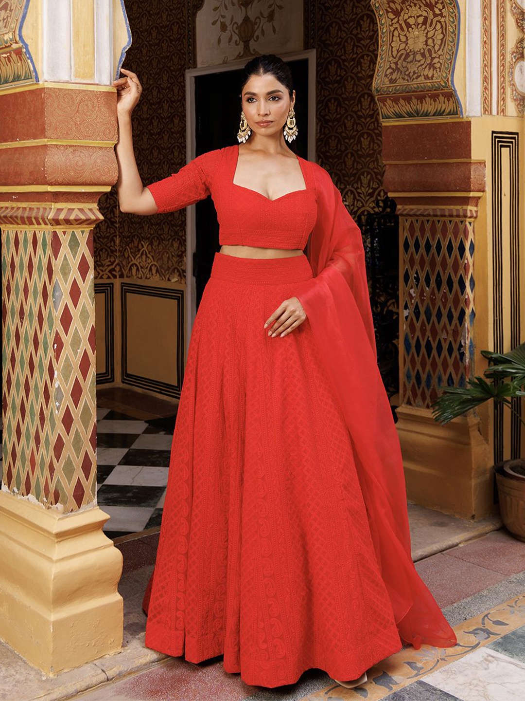 

Ragavi Ready to Wear Chikankari Lehenga & Blouse With Dupatta, Red