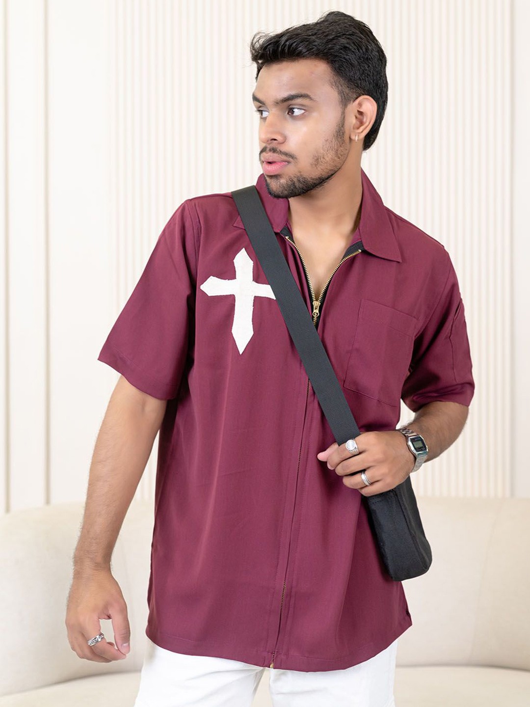 

Tistabene Men Original Spread Collar Solid Crepe Oversized Casual Shirt, Maroon