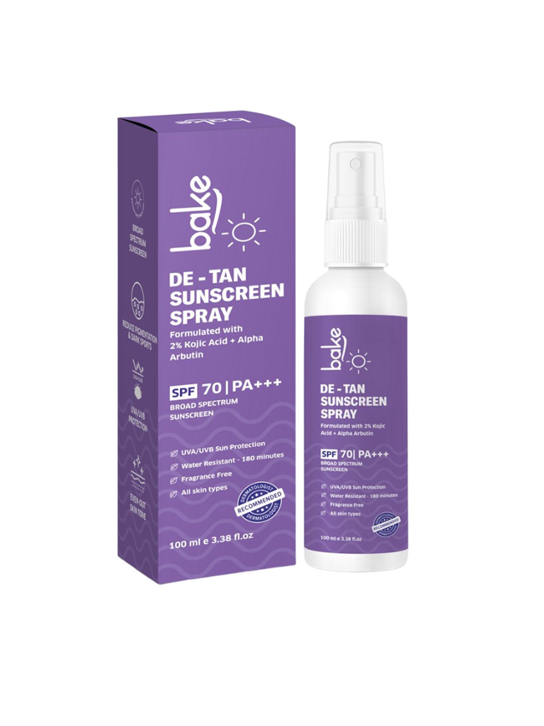 

BAKE Water Resistant SPF 70 De-Tan Sunscreen Spray-100ml, Transparent