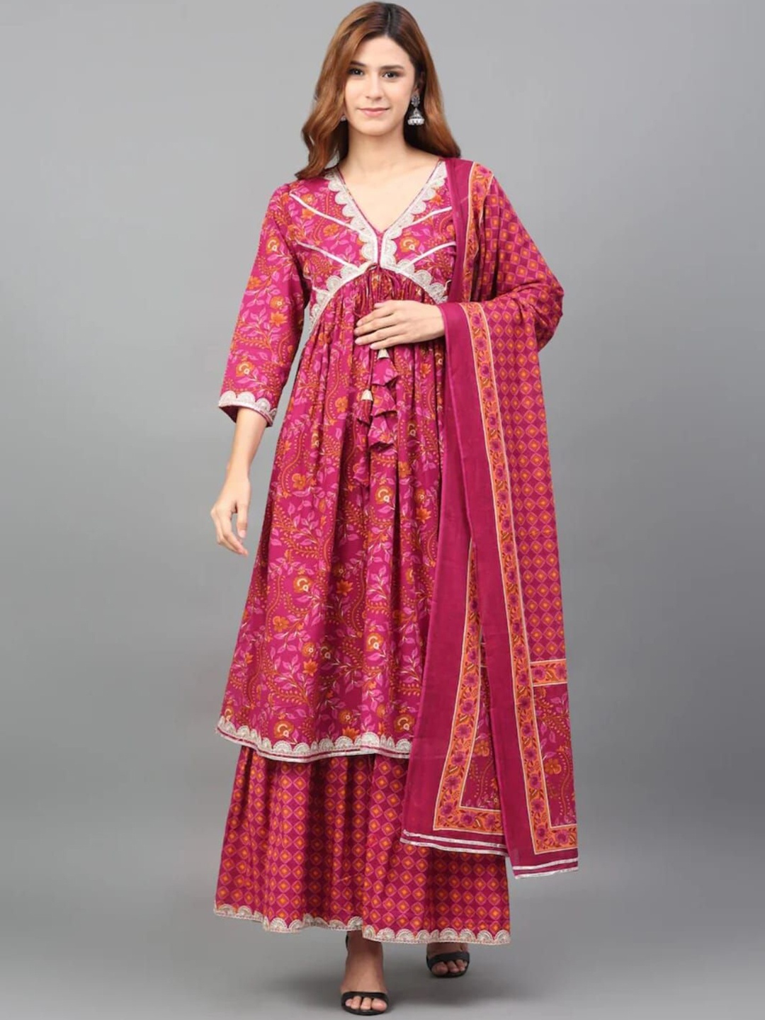 

KALINI Floral Printed Gotta Patti V-Neck Pleated Cotton Anarkali Kurta With Dupatta, Maroon