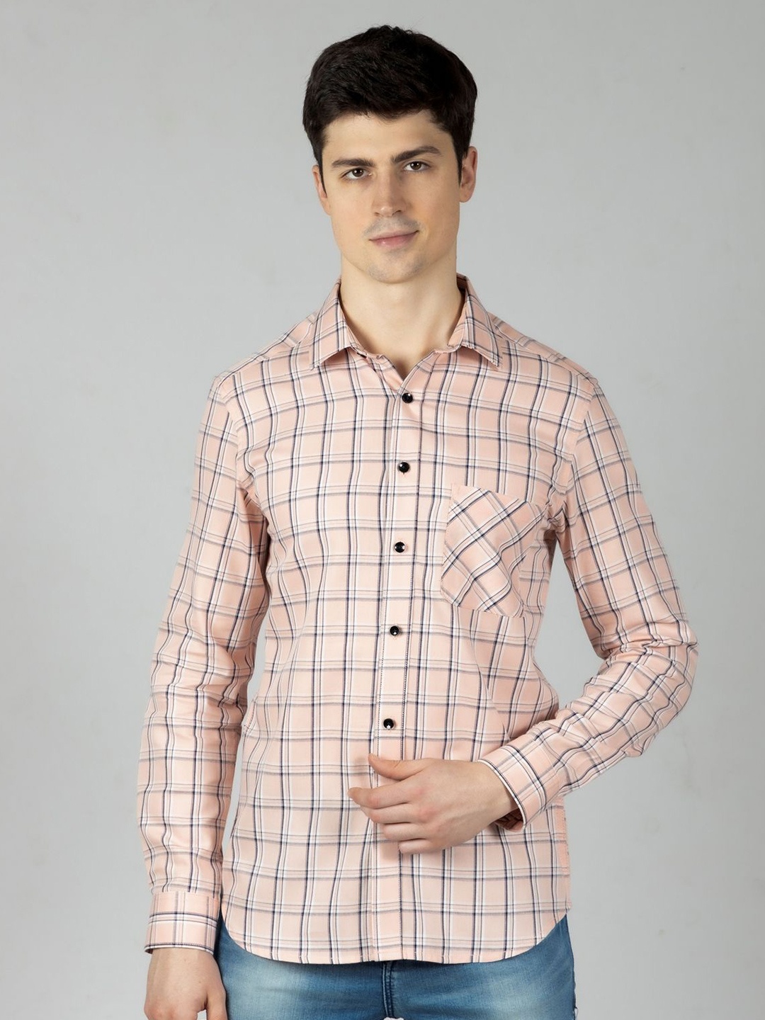 

OZMOD Men Modern Spread Collar Tartan Checked Cotton Slim Fit Casual Shirt, Pink