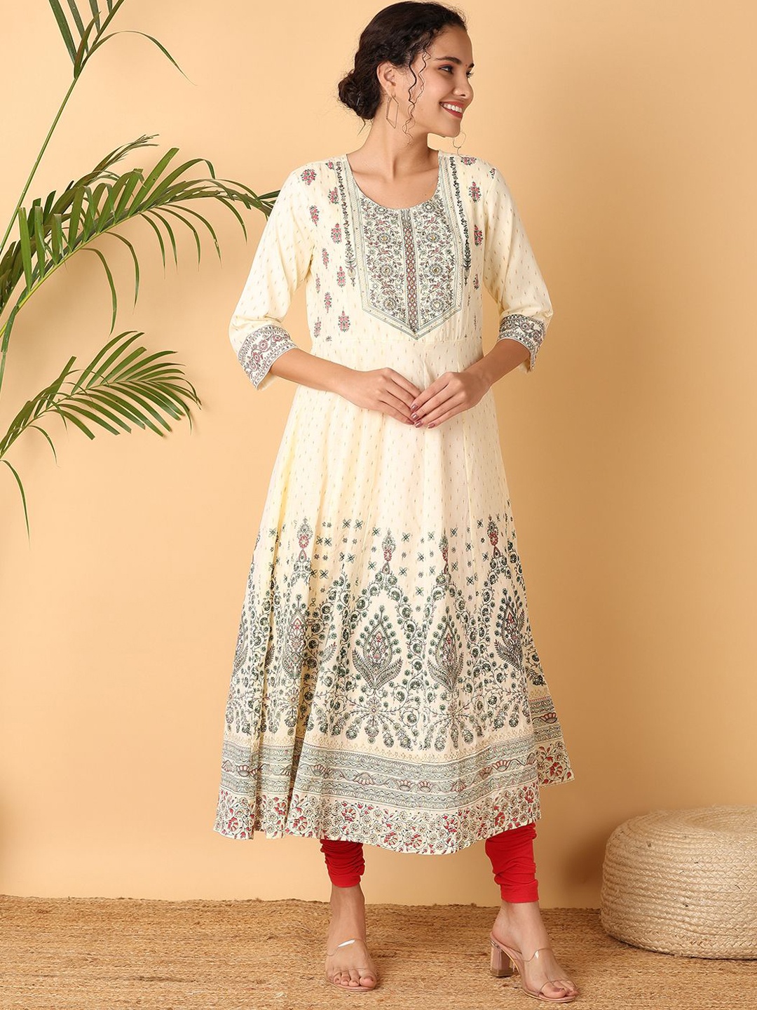 

V-Mart Ethnic Motifs Printed A-Line Kurta, Cream