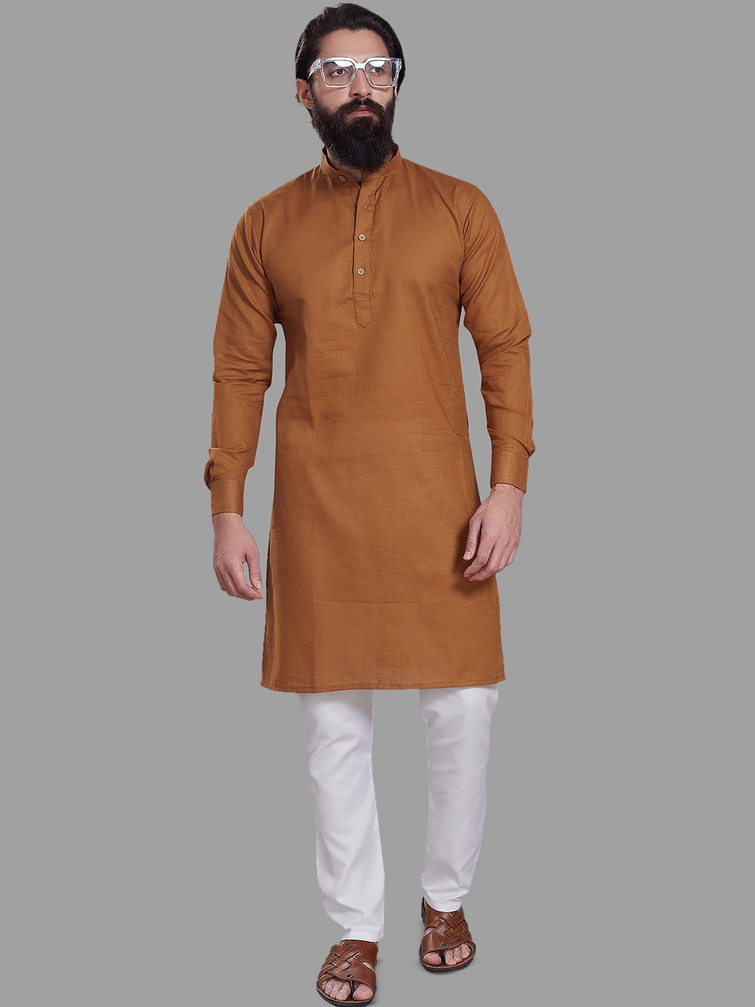 

DIVISIVE Band Collar Pure Cotton Straight Kurta, Brown