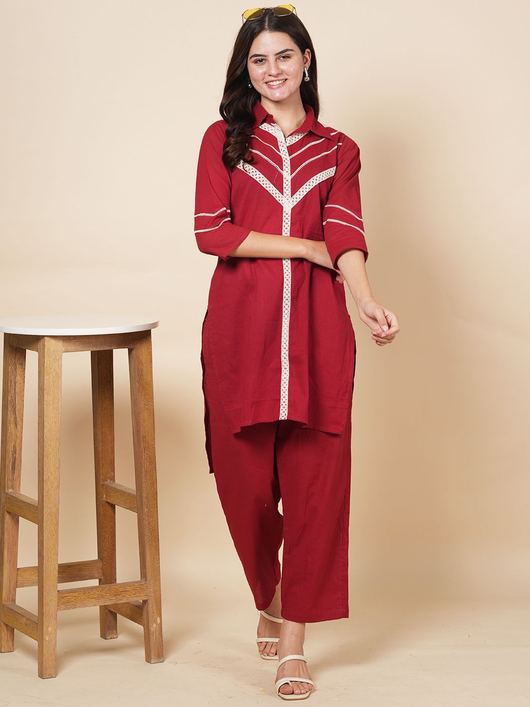 

LABEL KRISHA Self Design Pure Cotton Top With Trouser Co-Ords, Red