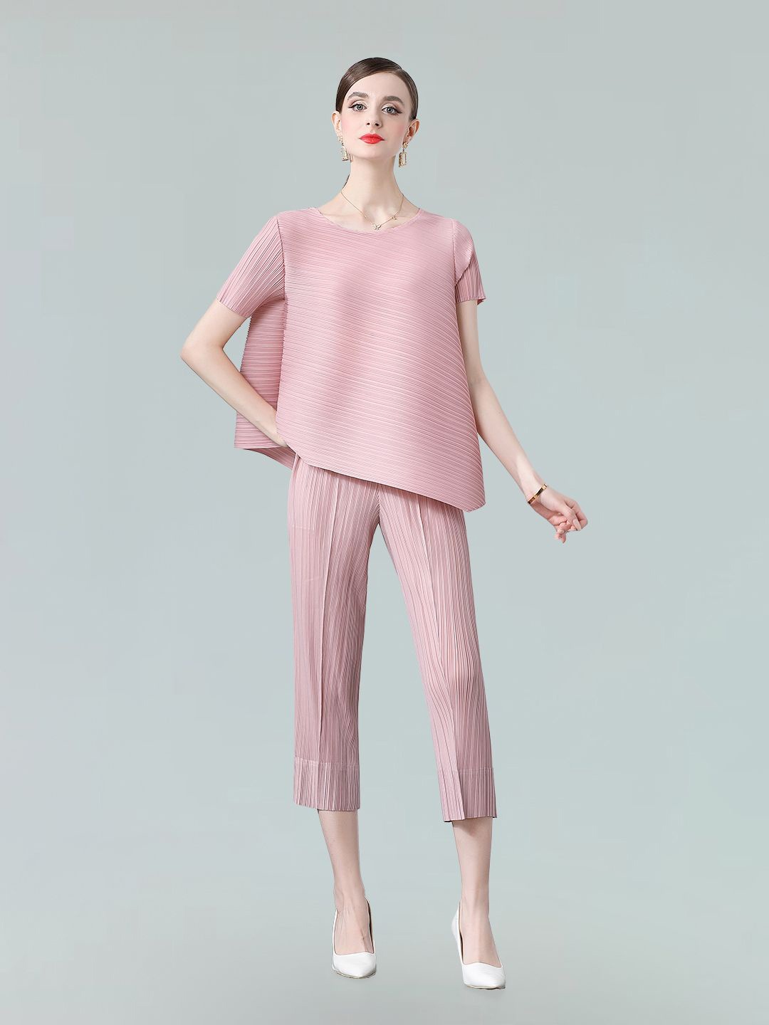 

JC Collection Self Design Printed Asymmetric Casual Top With Trousers, Pink