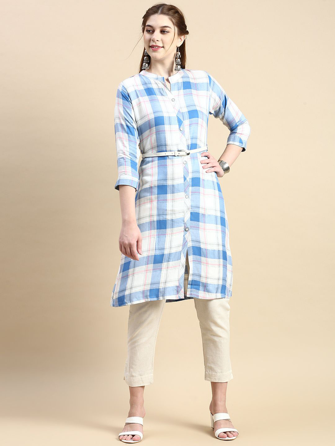 

GRANTH FASHION Mandarin Collar Checked Jacquard Shirt Dress, White