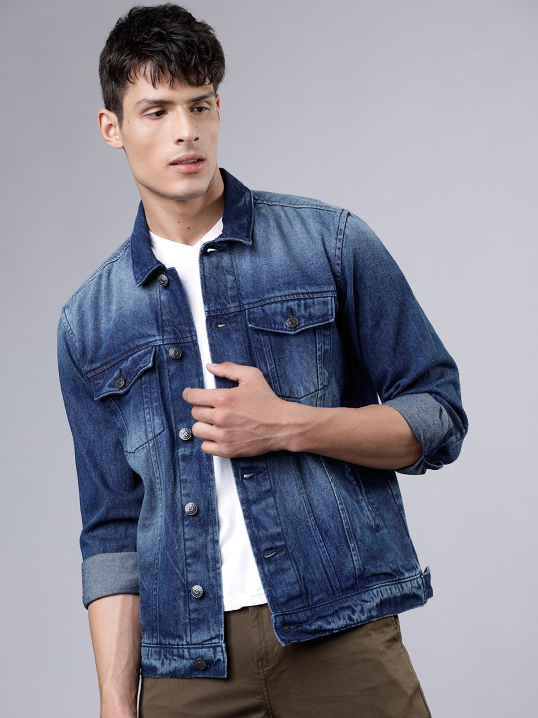

HIGHLANDER Men Washed Denim Jacket with Patchwork, Blue