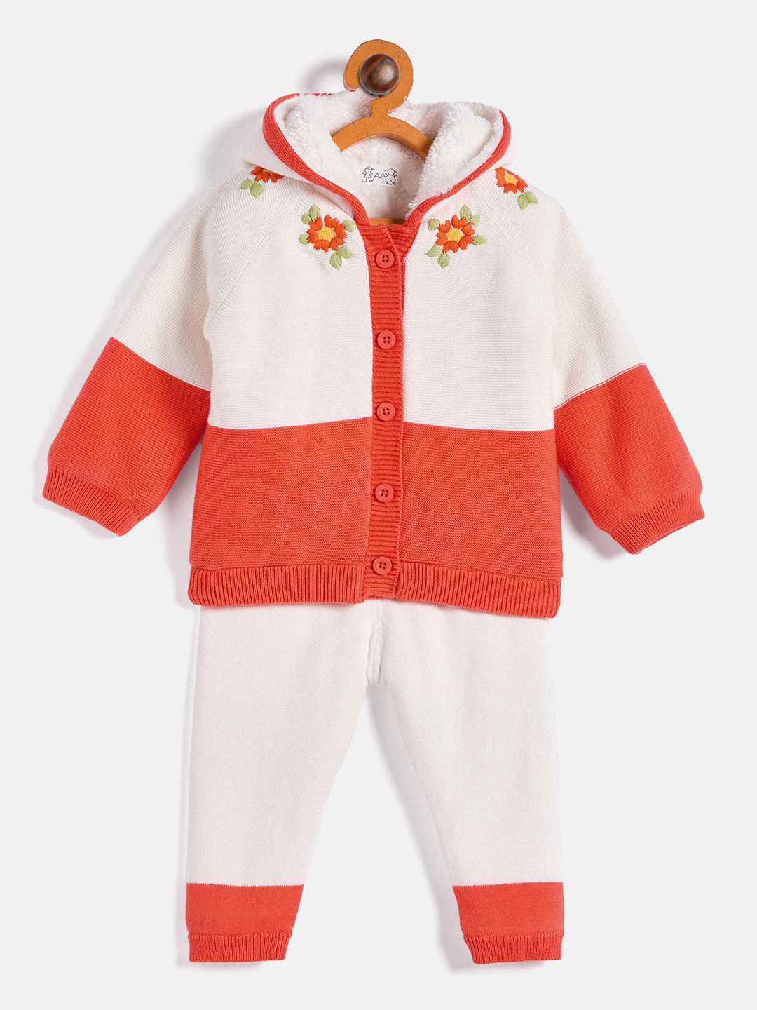 

JWAAQ Girls Colourblocked Self Design Hooded Sweatshirt With Joggers, Orange