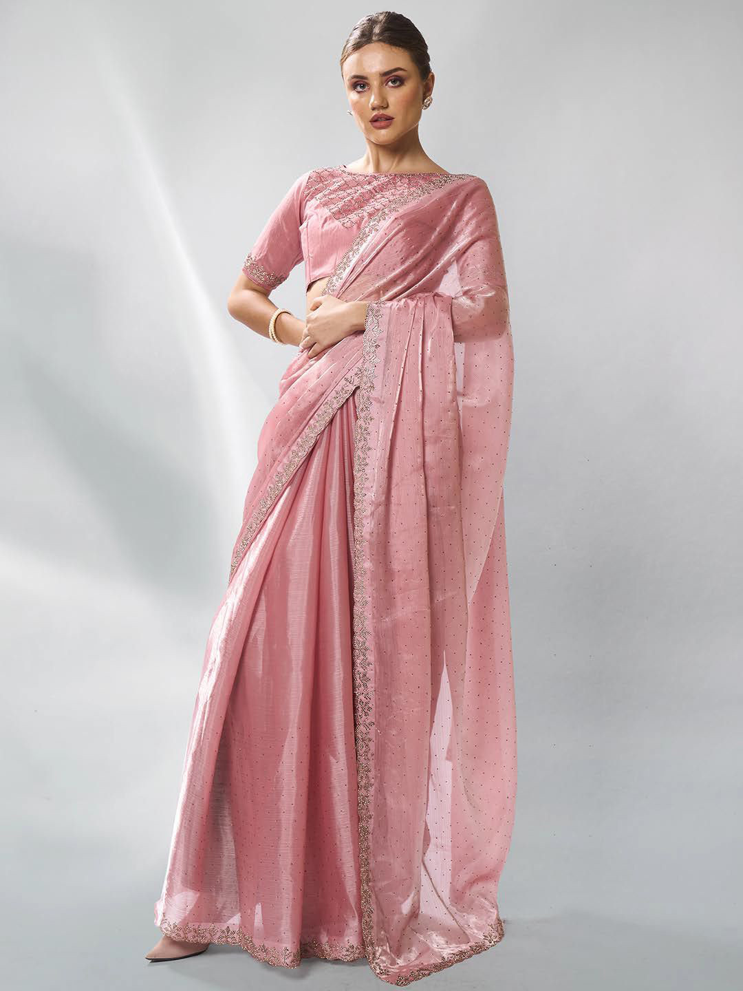 

Kalista Embellished Ethnic Motifs Beads and Stones Organza Saree, Pink