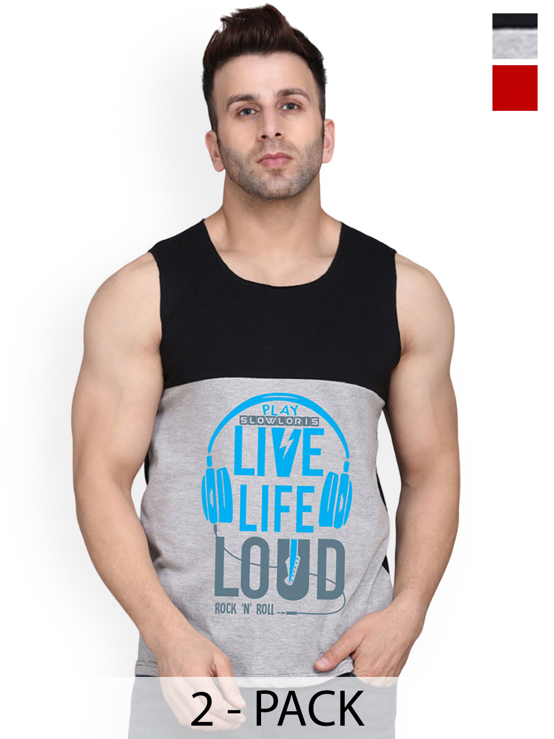 

SLOWLORIS Pack Of 2 Printed Innerwear Vests, Black