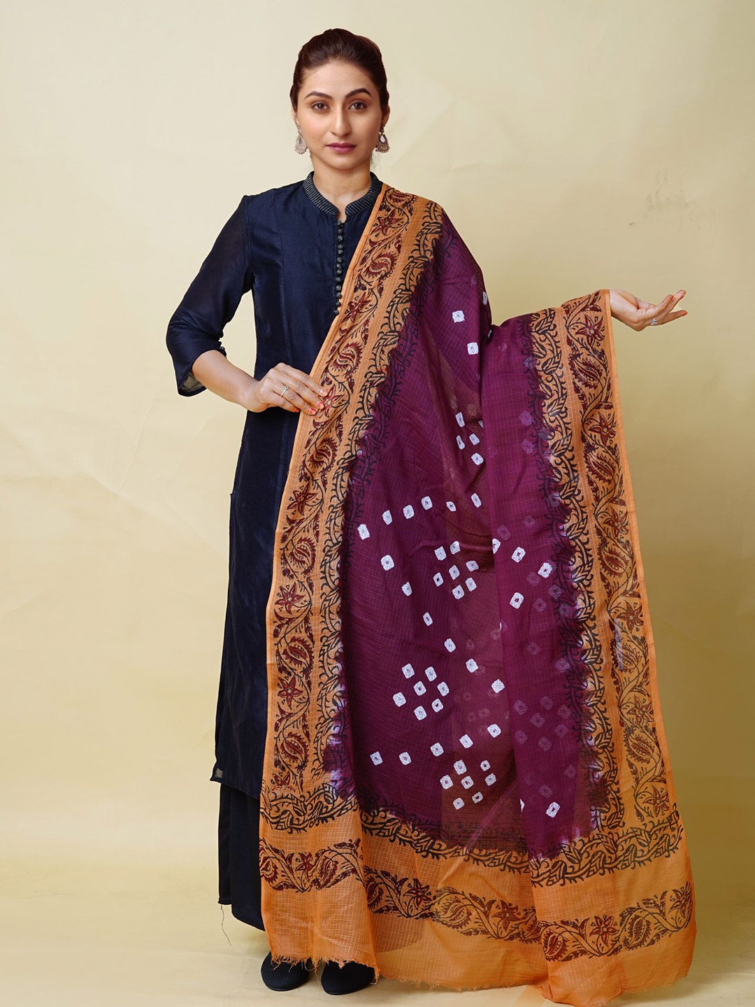 

Unnati Silks Bandhani Dyed Cotton Silk Block Printed Kota Dupatta, Purple