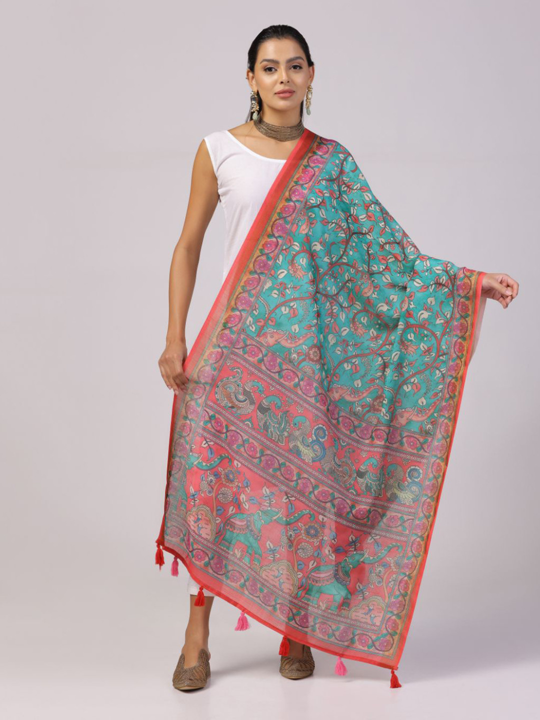 

Kaizen TEXO FAB Floral Digital Printed Linen Dupatta, Teal