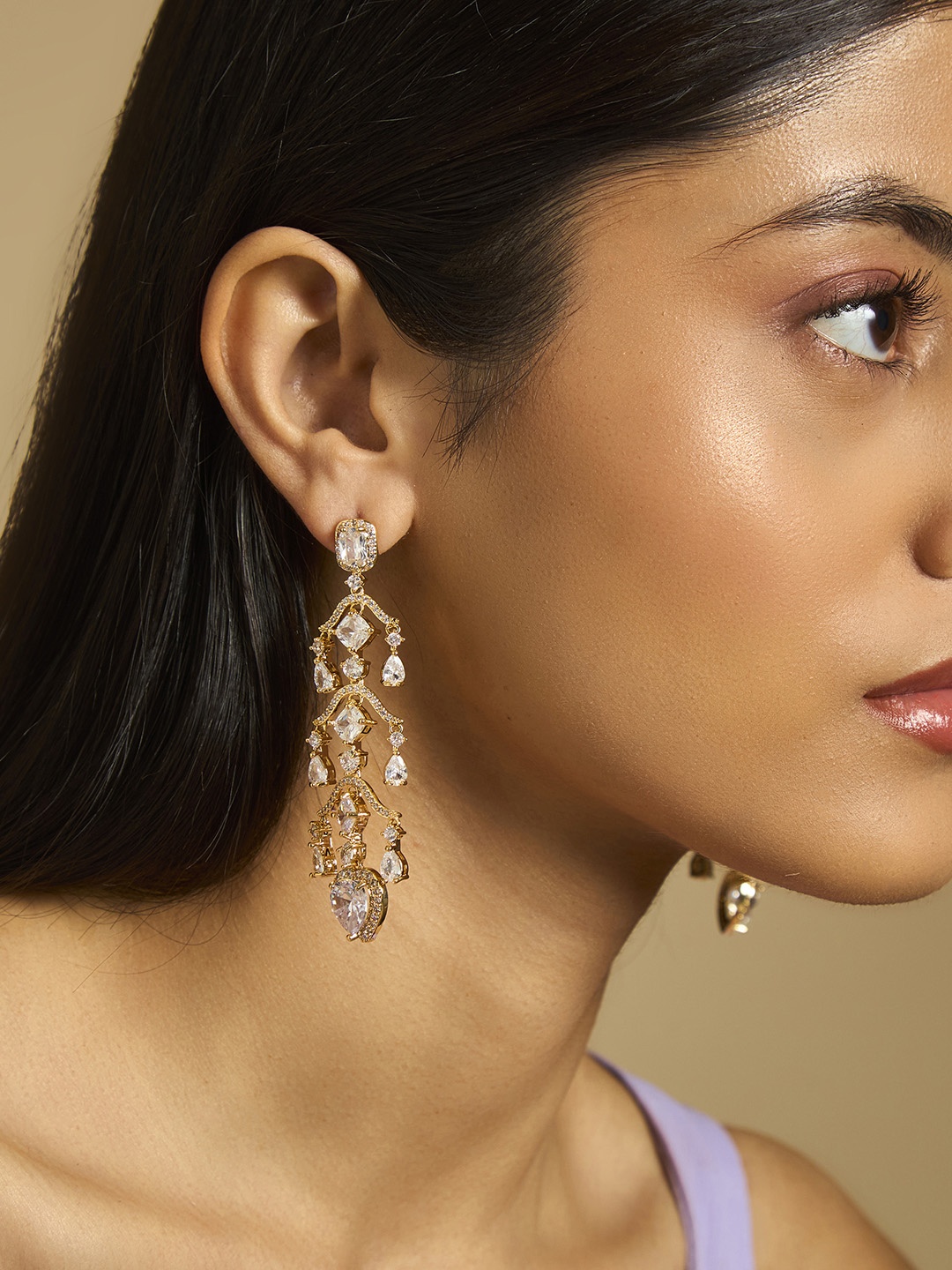 

Kushal's Fashion Jewellery Gold-Plated Cubic Zirconia-Studded Drop Earrings