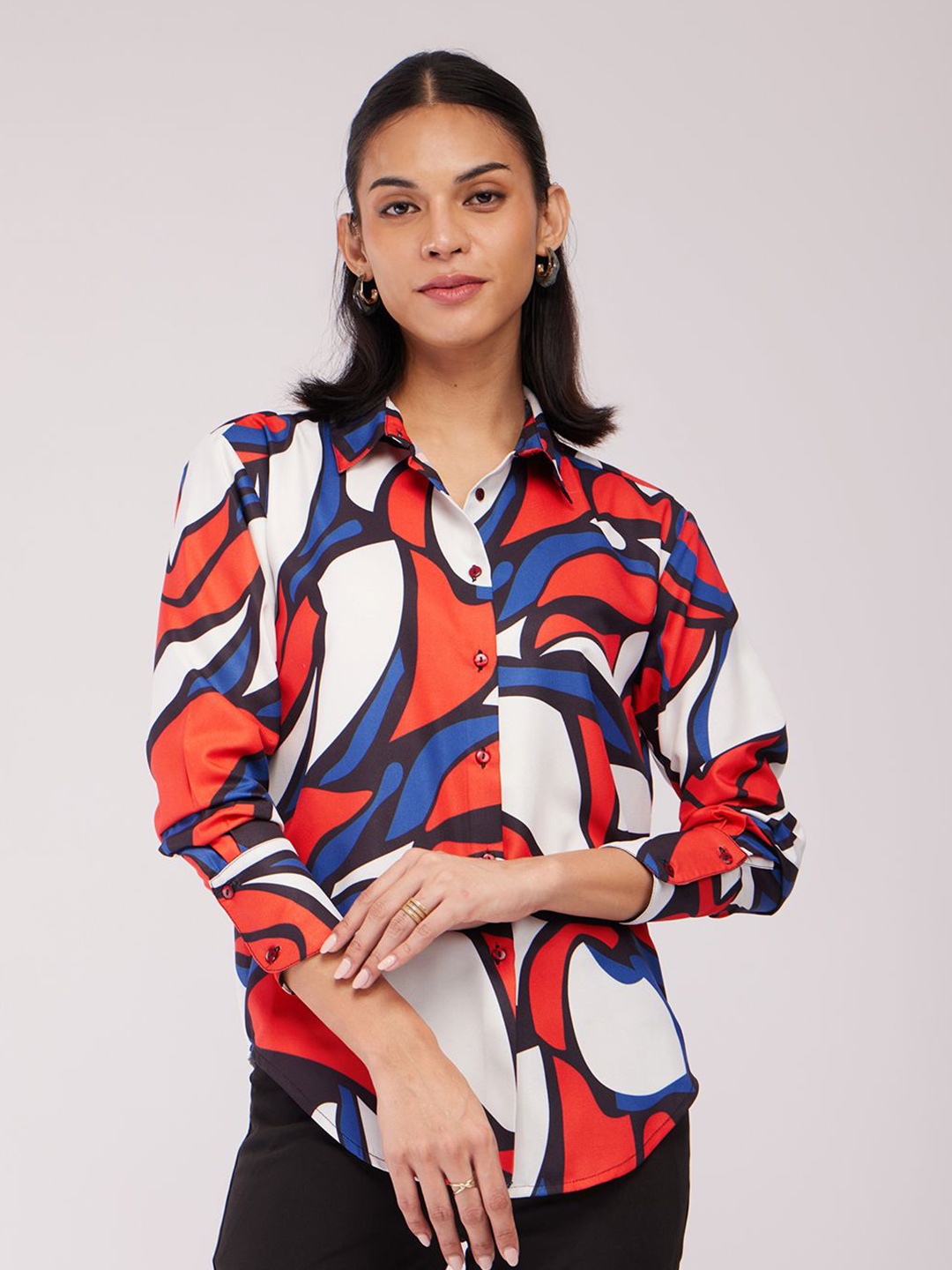 

FableStreet Women Spread Collar Abstract Printed Casual Shirt, Red