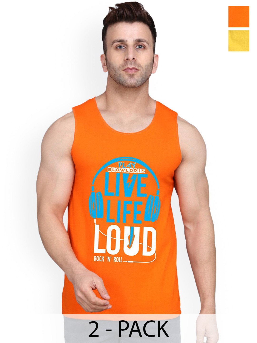 

SLOWLORIS Pack Of 2 Men Printed Innerwear Gym Vests, Orange