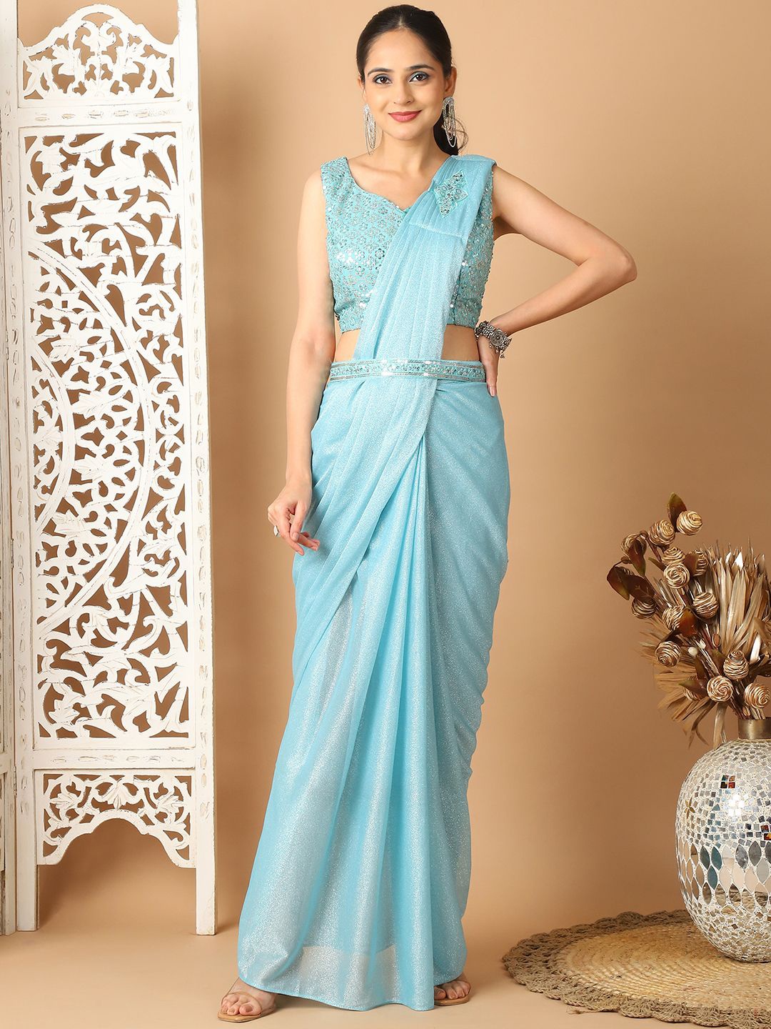 

Grancy Embellished Ready to Wear Saree, Turquoise blue