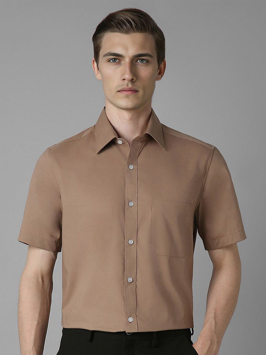 

Louis Philippe Men Classic Spread Collar Solid Cotton Formal Shirt, Brown