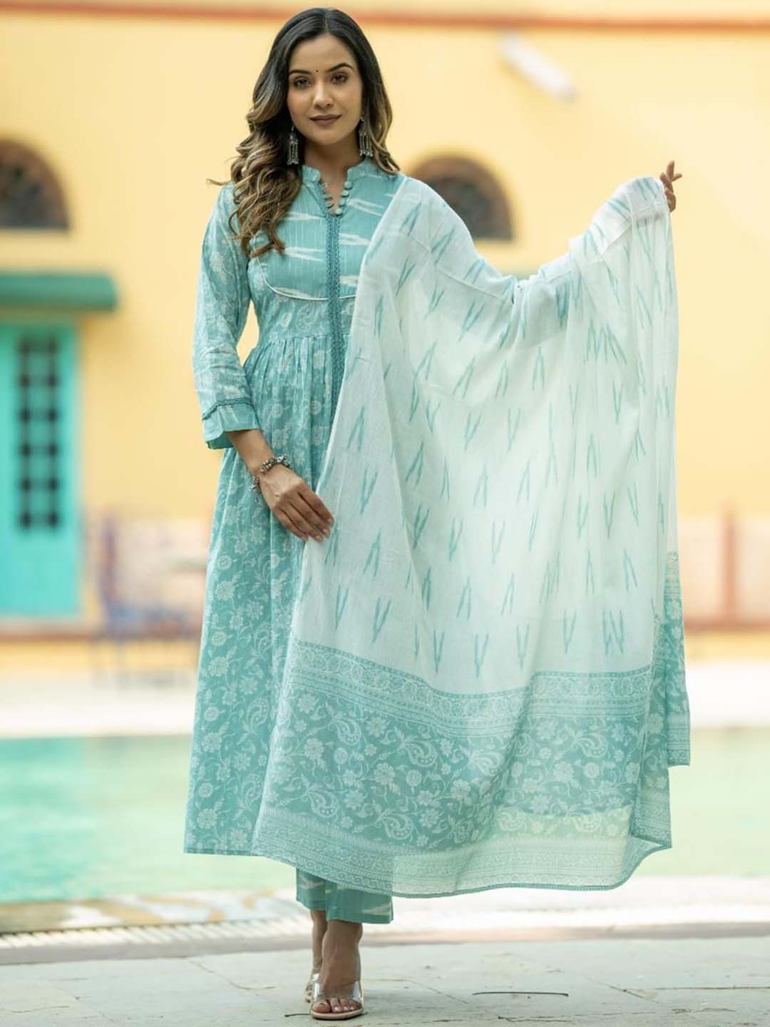 

KALINI Floral Printed Pure Cotton Kurta with Trousers & Dupatta, Turquoise blue