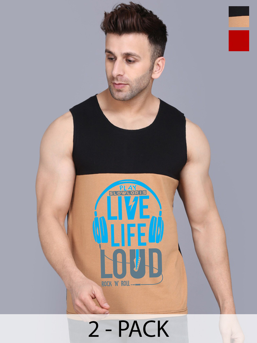 

SLOWLORIS Pack Of 2 Men Printed Gym Vests, Black