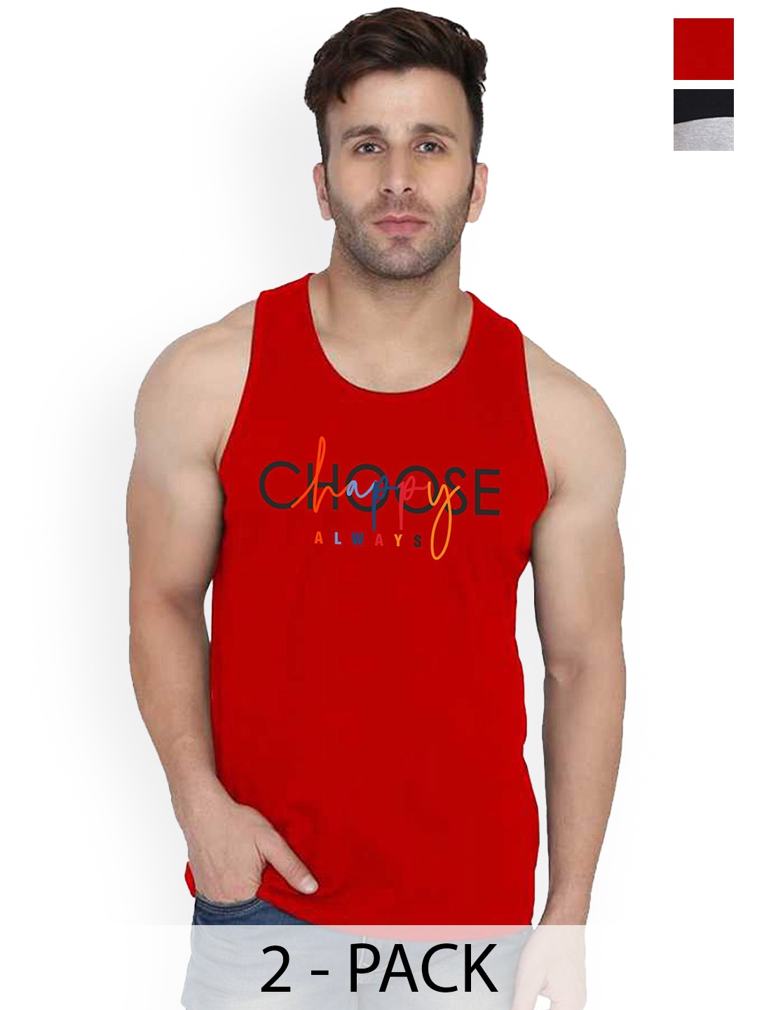 

SLOWLORIS Pack Of 2 Men Printed Gym Vests, Black