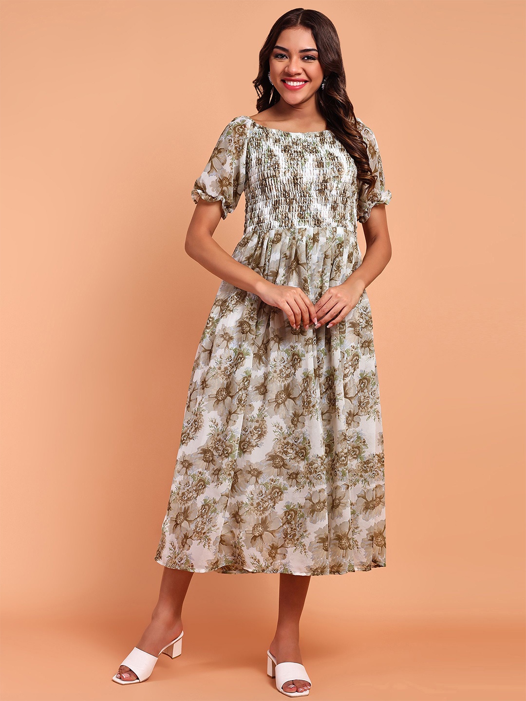 

Globon Impex Floral Printed Puff Sleeves Georgette Fit and Flare Midi Dress, Beige