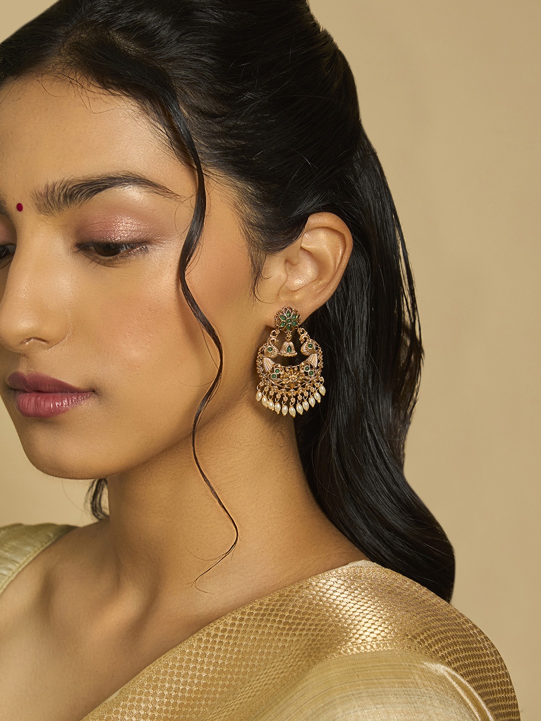 

Kushal's Fashion Jewellery Gold Plated Stone Studded Circular Antique Chandbalis