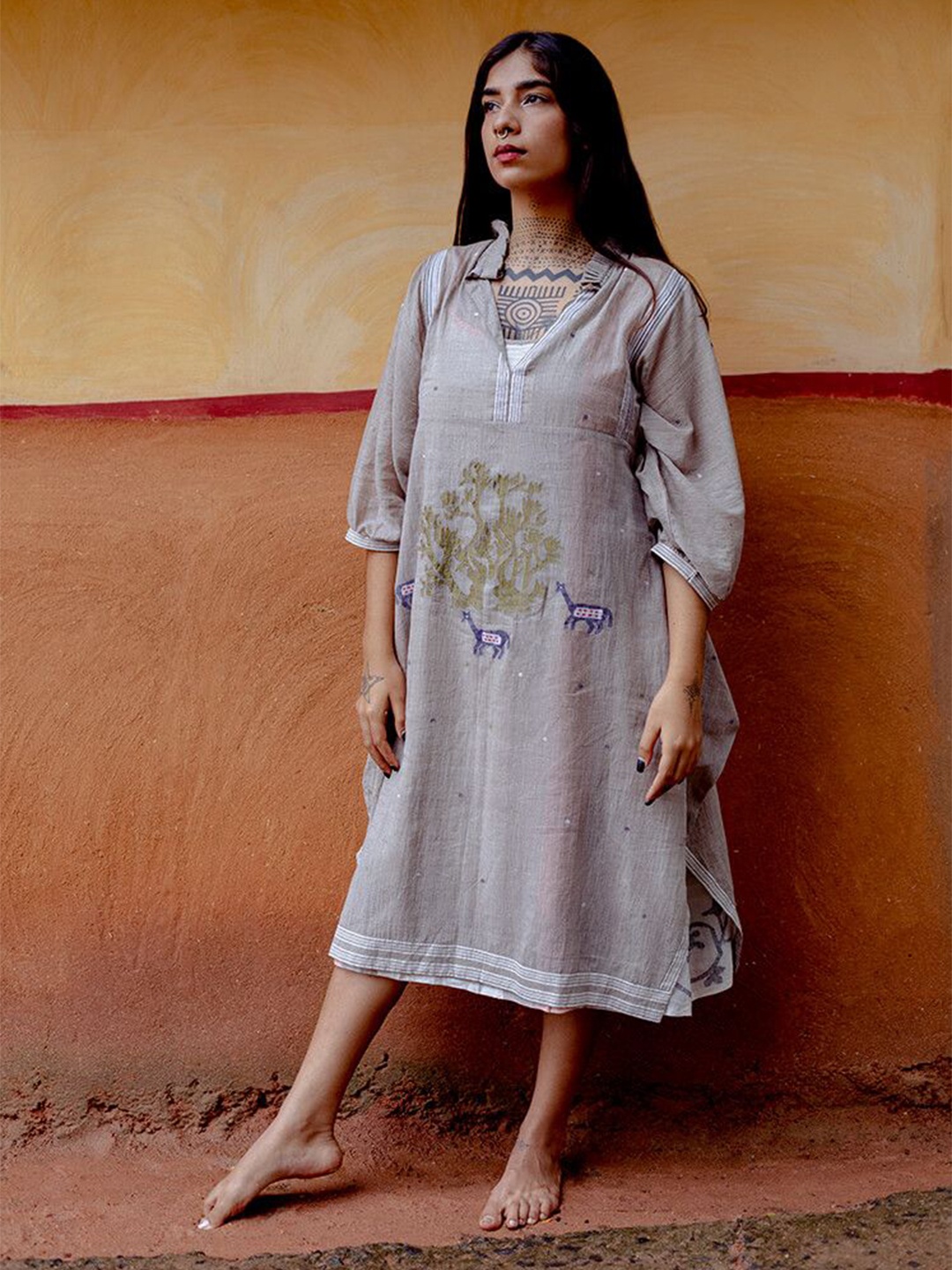 

Bhomra Ethnic Motifs Printed Cotton Puff Sleeves A-Line Ethnic Dresses, Grey