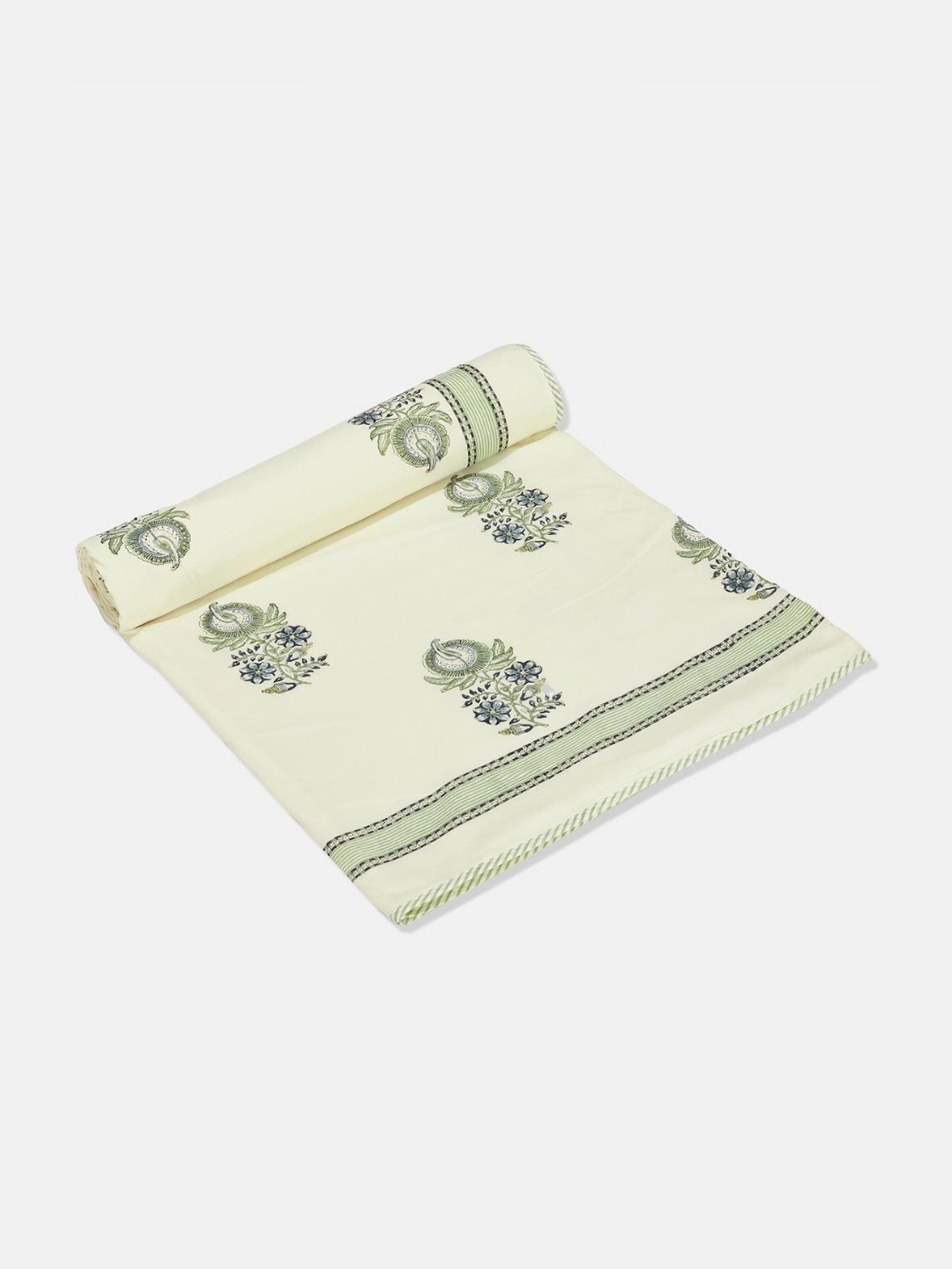

Fabindia Coramandel Cream Coloured & Green Floral Printed Cotton AC Room Single Bed Dohar