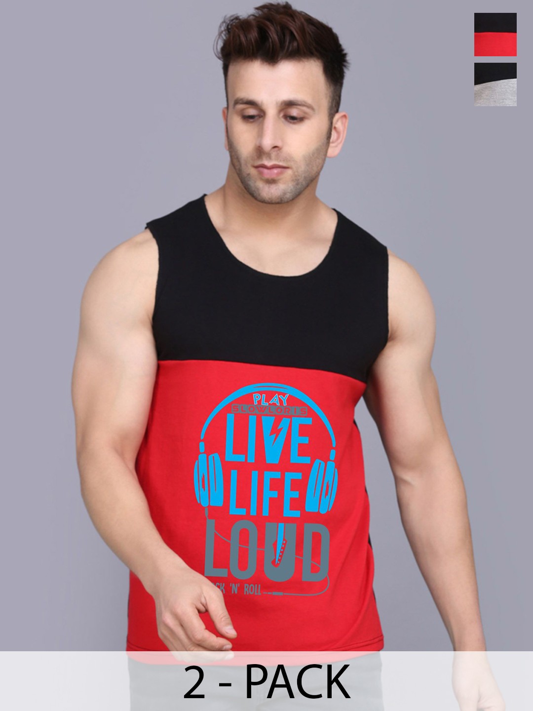 

SLOWLORIS Pack Of 2 Men Printed Gym Vests, Black