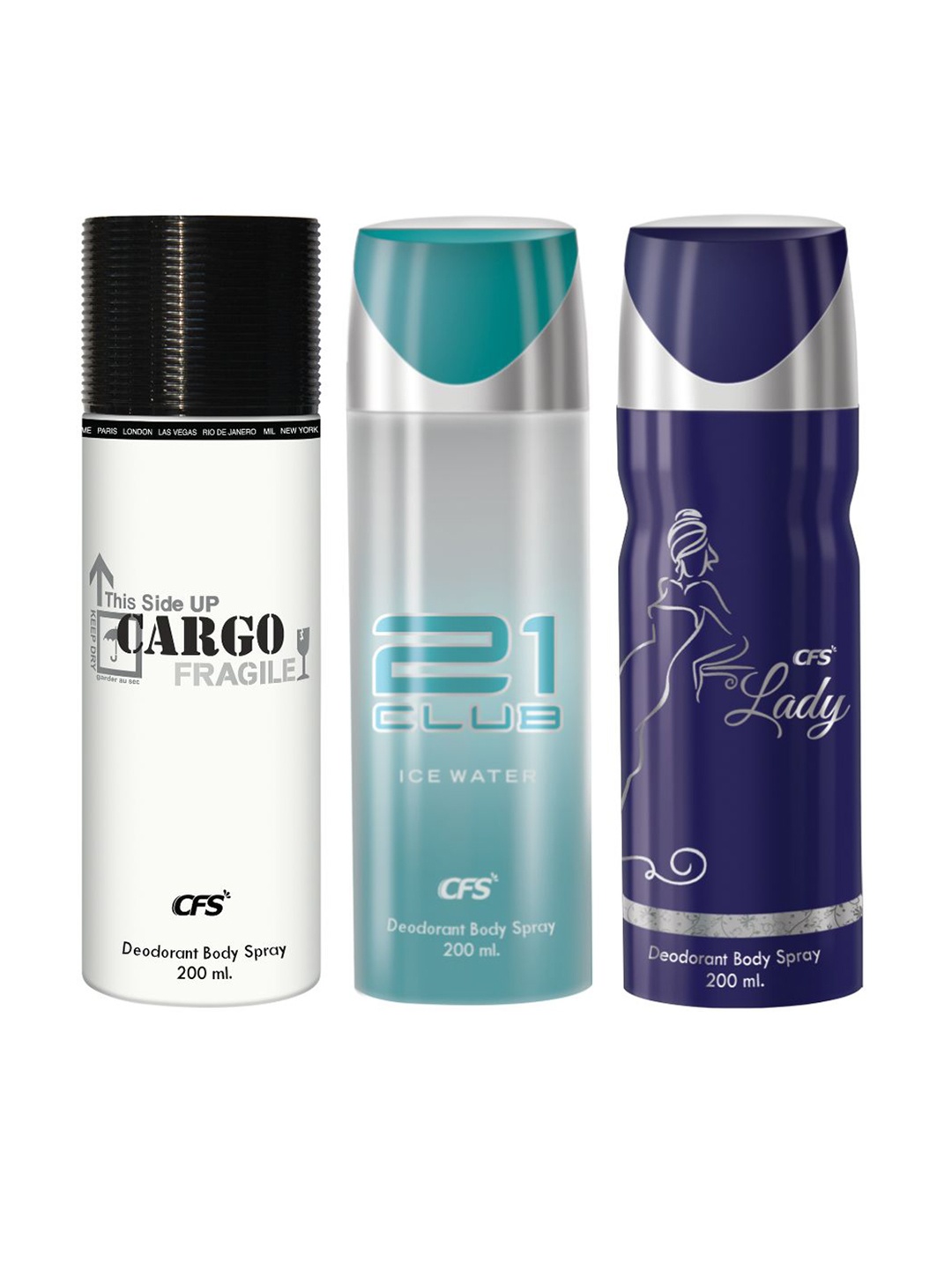 

CFS Set Of 3 Cargo White, 21 Club, & Lady Long Lasting Deodorant- 200 ml Each, Blue