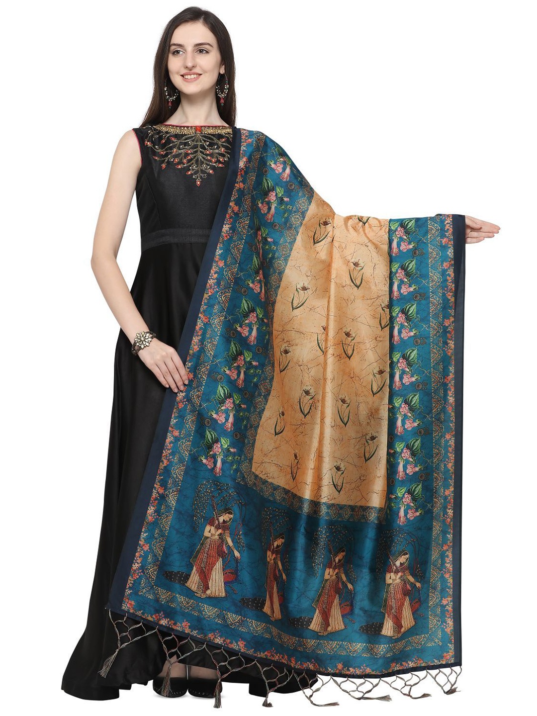 

Kaizen TEXO FAB Quirky Digital Printed Kalamkari Assam Silk Dupatta, Tan