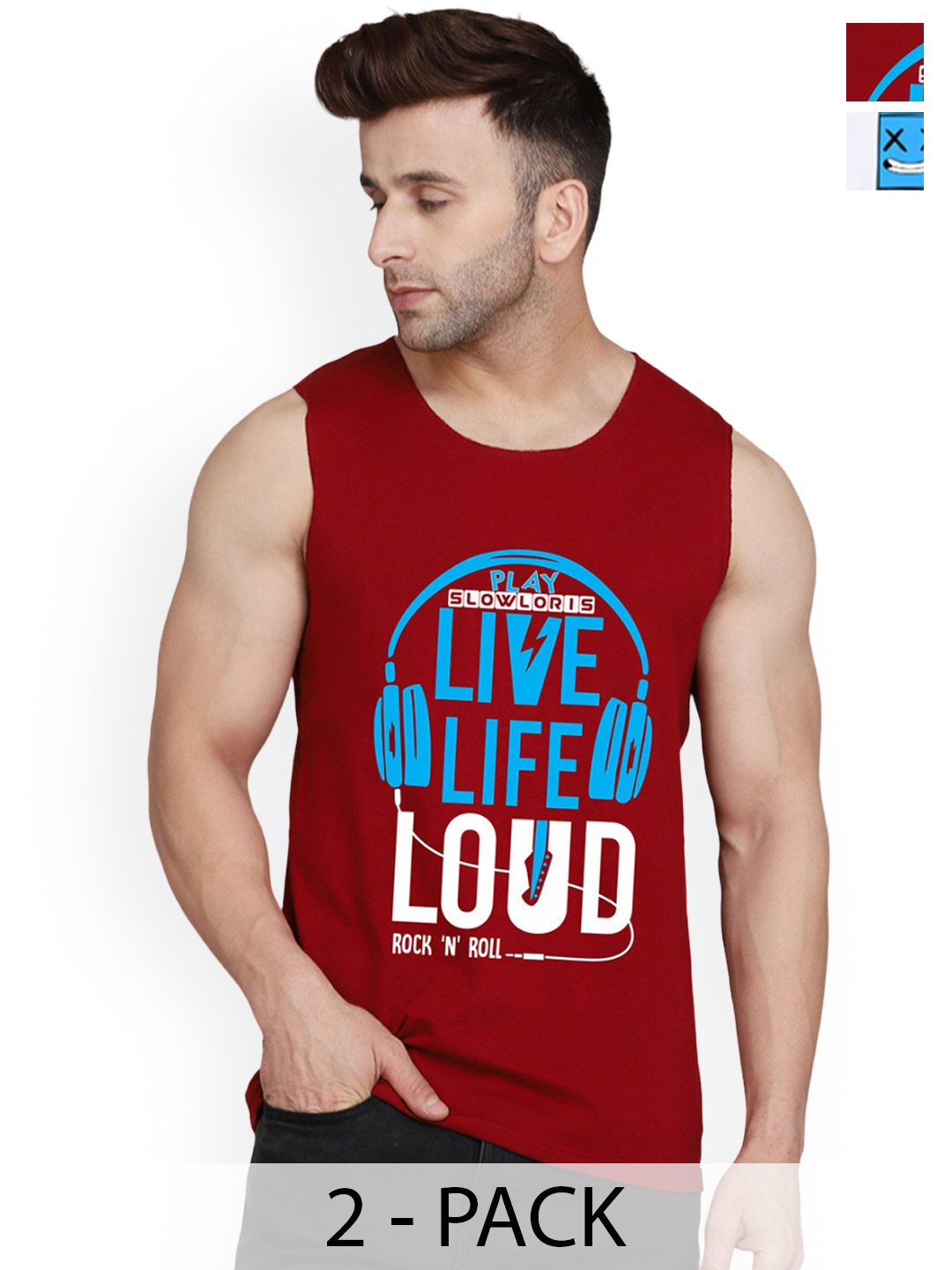

SLOWLORIS Pack Of 2 Men Printed Innerwear Gym Vests, Maroon