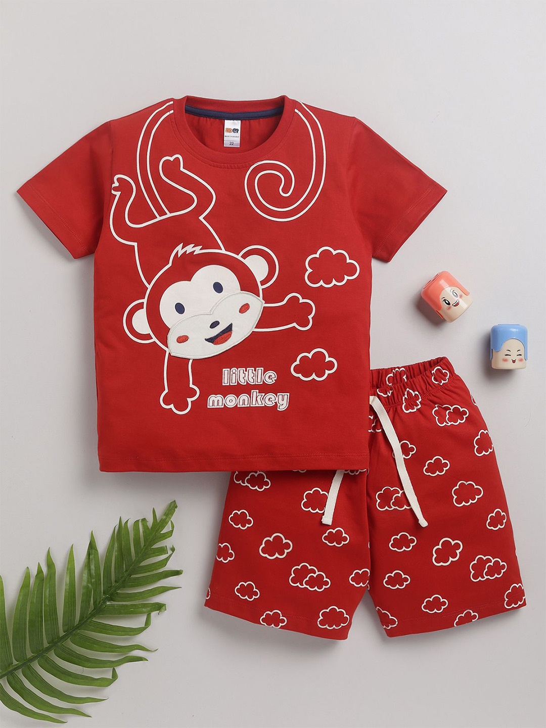 

LITTLE NINJA Boys Graphic Printed Pure Cotton Casual T-shirt With Shorts, Red